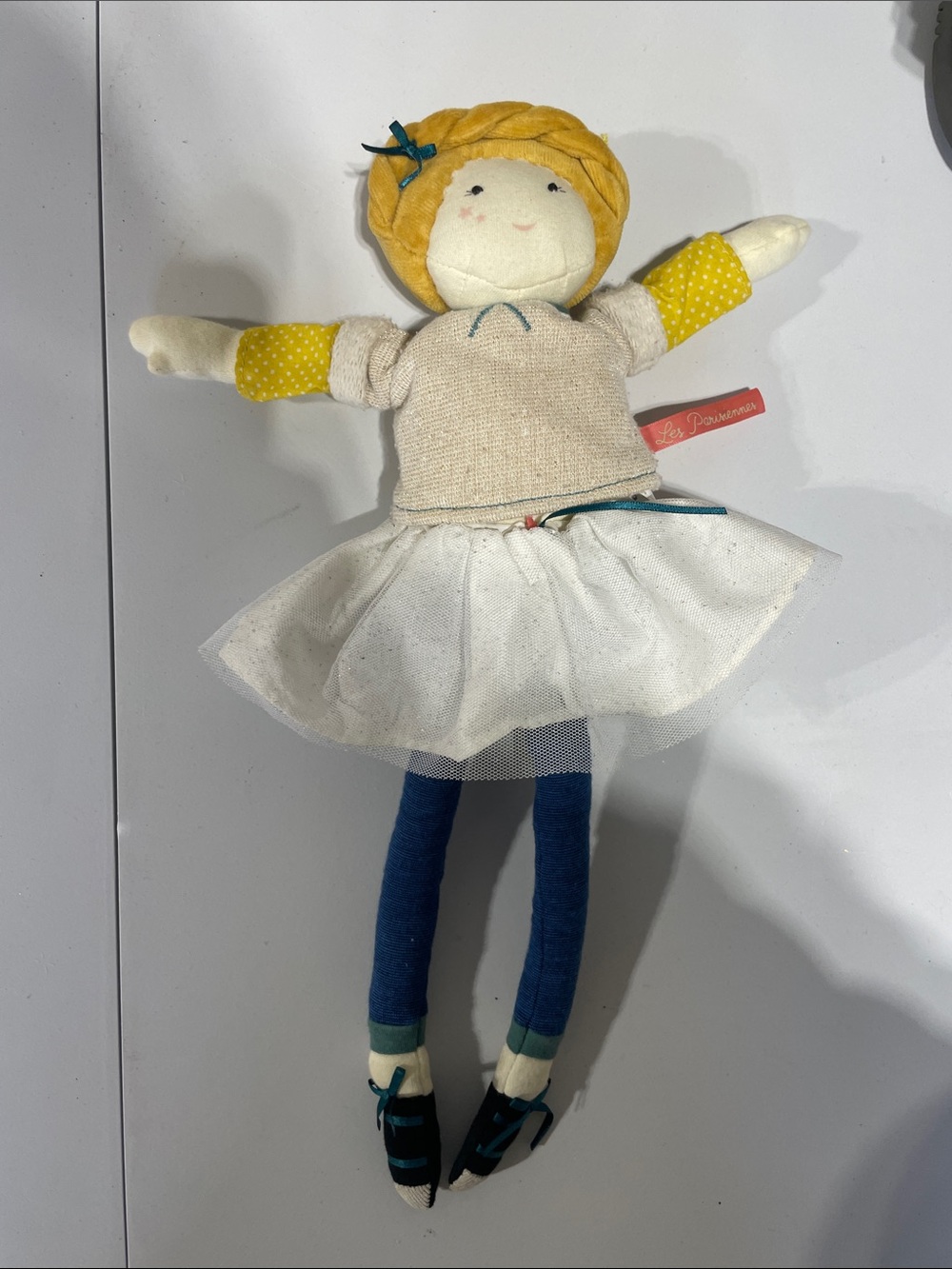 Moulin Roty Le Poupounette Yellow-Haired Cloth Doll with White Skirt -